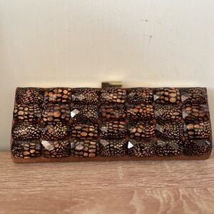 Sondra Roberts Sophisticated Crochet Jewel Beaded Rich Bronze Evening Clutch